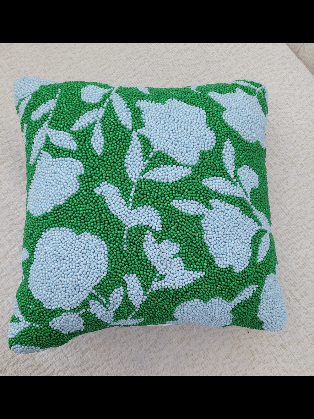 Beaded Floral Accent Pillow in Light Blue and Green